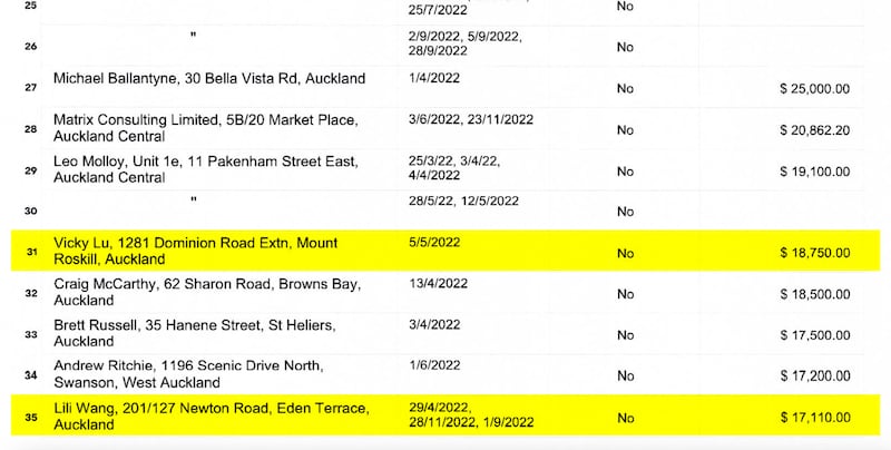 新西蘭選舉委員會於上月底公開的捐款紀錄，《人民日報海外版》澳新代理處負責人陸欣讌（Vicky Lu）成為給新西蘭國家黨捐款最多的華人，位列第31位，第35位的為新西蘭中文《先驅報》老闆王立立（Lili Wang）。（新西蘭選舉委員會文件截圖）