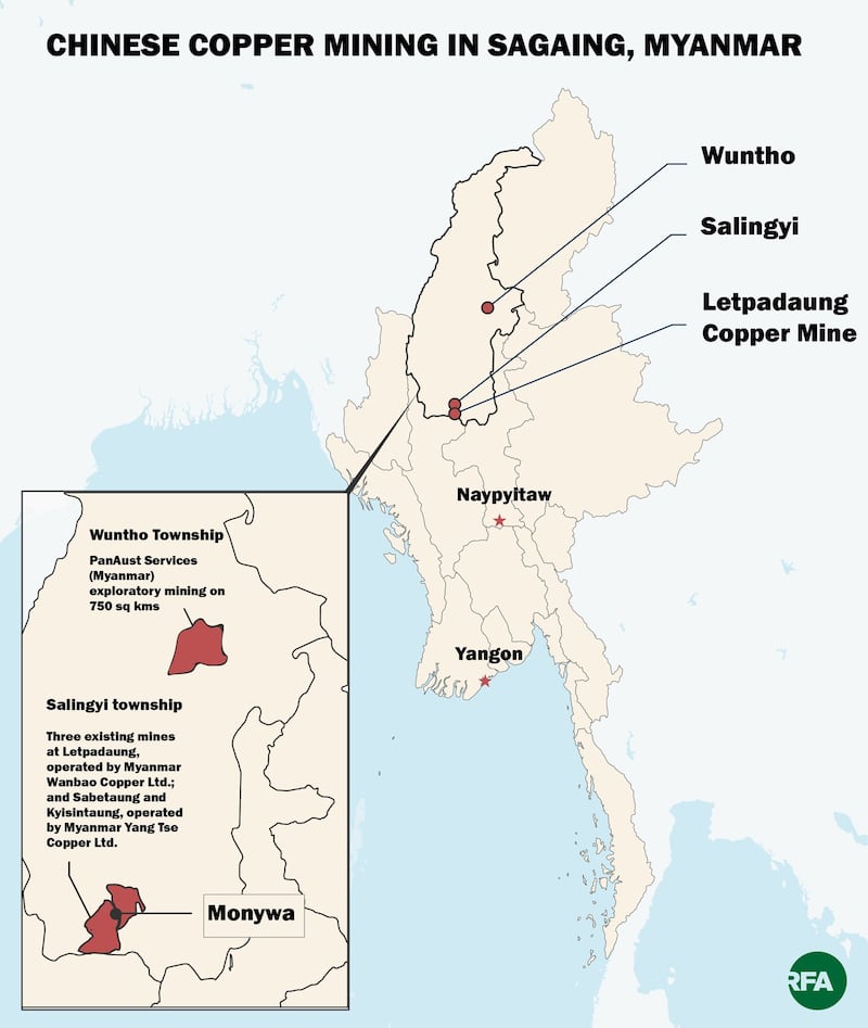 The map shows the locations of two Chinese-backed copper mining projects in Wuntho and Salingyi townships in northwestern Myanmar's Sagaing region.