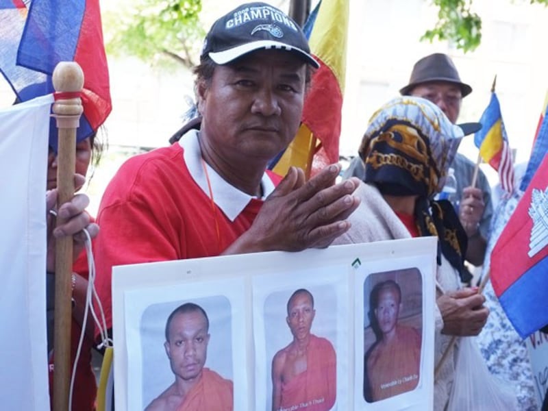 A supporter marks the 64th anniversary of the loss of Khmer Krom land at the Vietnamese Embassy in Washington, June 4, 2013.