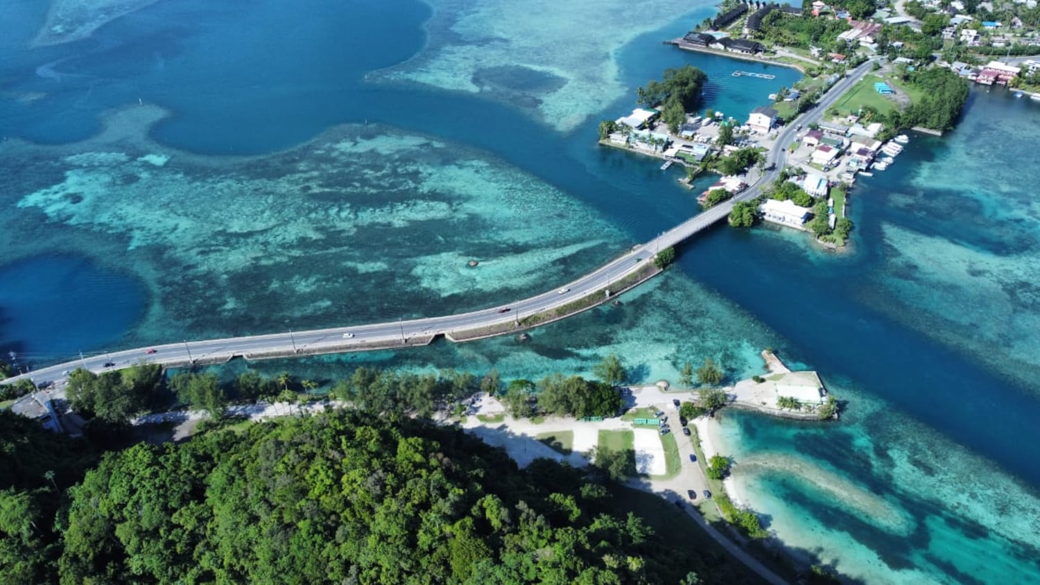 An aerial view of a causeway between islands near Koror in Palau, Dec. 2, 2024.