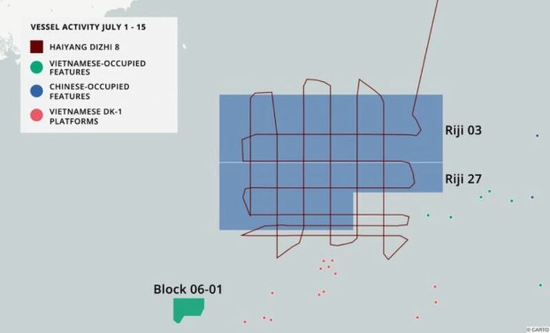 Hành trình tàu Hải Dương 8 của Trung Quốc ở phía Bắc Bãi Tư Chính từ ngày 01/07/19 đến 15/07/19.