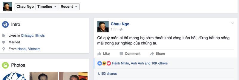 Dòng status trên Facebook của Giáo sư Ngô Bảo Châu hôm 19/5/2016.