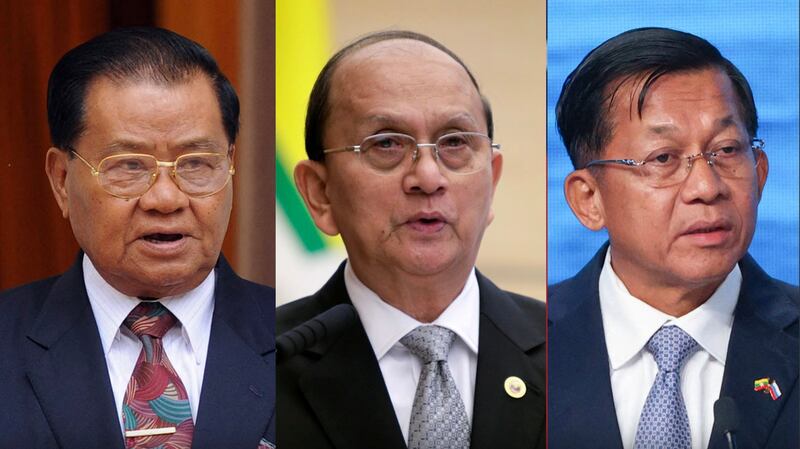 In this photo combo, from left: former General Than Shwe, former President Thein Sein, and current Myanmar junta leader General Min Aung Hlaing. Credit: AFP