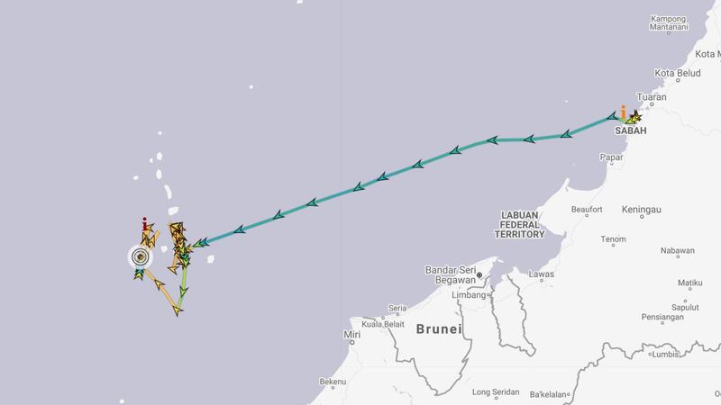 Ship-tracking data showing the Malaysian naval vessel KD Keris sailing from Kota Kinabalu to the South Luconia Shoals. Credit: MarineTraffic.