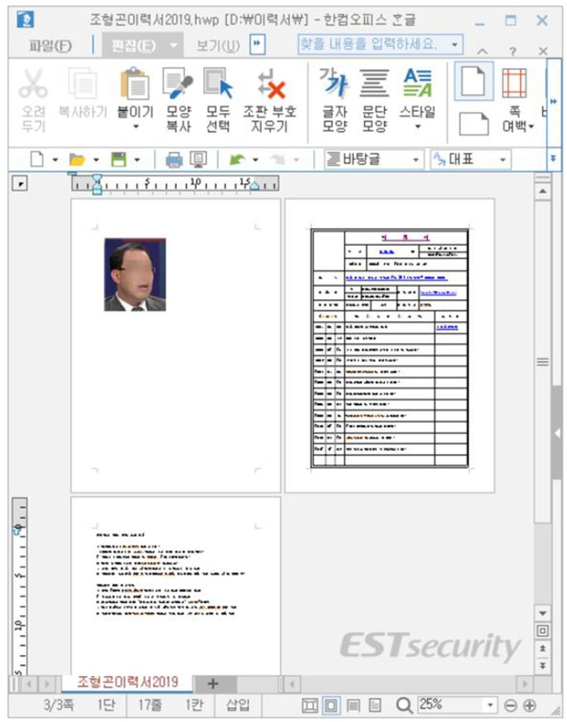 실제 이력서 내용처럼 위장한 악성 문서.