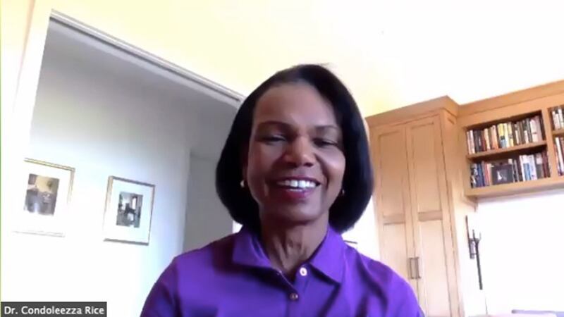 美国前国务卿莱斯（Condoleezza Rice）6月30日参加胡佛研究所视频活动（胡佛研究所视频活动截图）