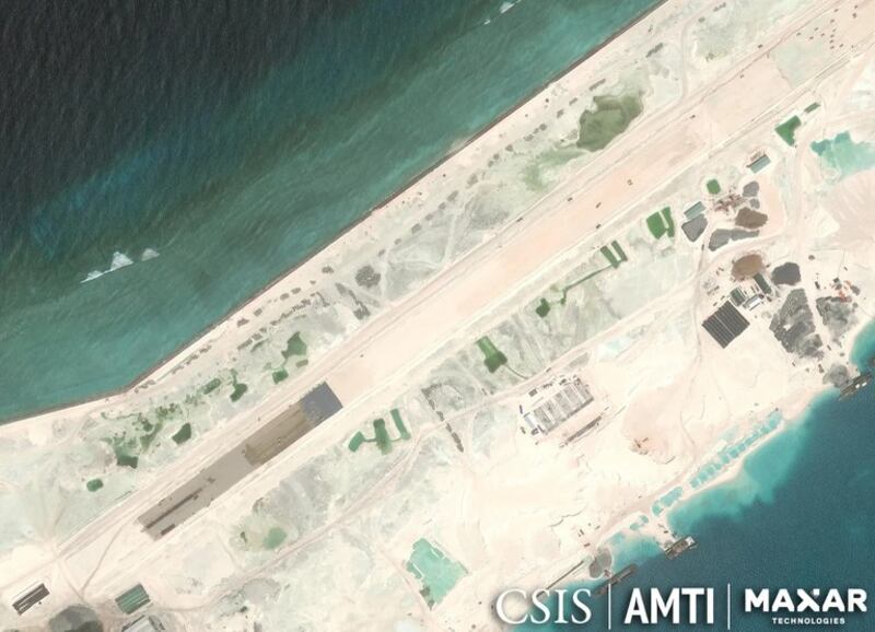 This satellite photo shows what is believed to be a Vietnamese runway on Barque Canada reef, in the South China Sea, Oct. 2, 2024. [CSIS/AMTI/MAXAR Technologies]