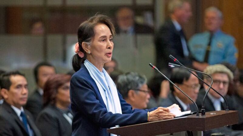 Myanmar's leader Aung San Suu Kyi addresses judges of the International Court of Justice on the second day of the three-day hearing in The Hague, the Netherlands, Dec. 11, 2019.