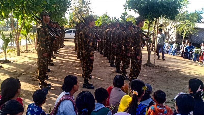 Villagers in Mya Kan Tha village, Kanbalu township, Sagaing region, hold a graduation ceremony for Pyu Saw Htee militia members who completed training, Nov. 26, 2023. Credit: Myanmar National Post