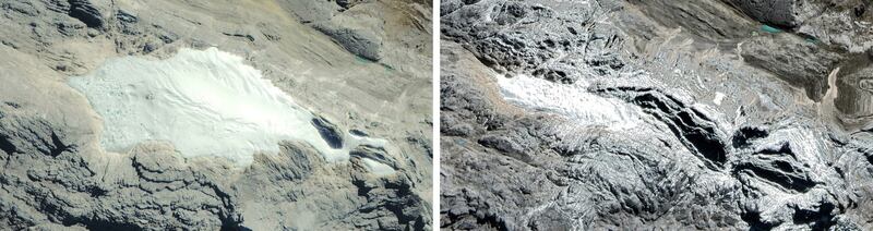 These side-by-side photos of the glacier on the peak of Puncak Jaya in Papua, Indonesia, show how it appeared in June 2002 (left) compared with in June 2022. Credit: Maxar Technologies