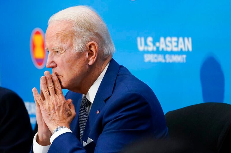 President Joe Biden participates in the U.S.-ASEAN Special Summit to commemorate 45 years of U.S.-ASEAN relations at the State Department in Washington, May 13, 2022. Credit: AP