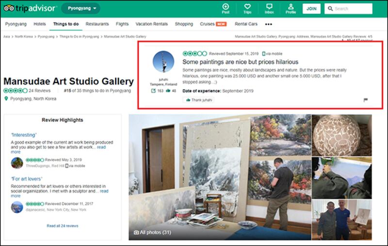 세계 최대 여행정보사이트 ‘트립 어드바이저'(Trip Advisor)에서, 지난 9월 만수대 창작사를 방문한 ‘주하히(Juhahi)'란 계정을 가진 핀란드인은 만수대창작사 그림 한 점이 미화 5천 달러에서 미화 2만1천 달러로 너무 비쌌다(빨간 네모)고 지적했다.