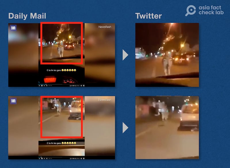 The clip circulating on Twitter is footage from the original Daily Mail video. Credit: screenshots from the Daily Mail and Twitter.