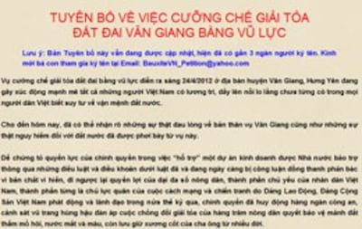 Bản tuyên bố về việc cưỡng chế giải tỏa đất đai Văn Giang bằng vũ lực đa có tính đến hôm nay(05/11/12) đã có trên 3000 chữ ký