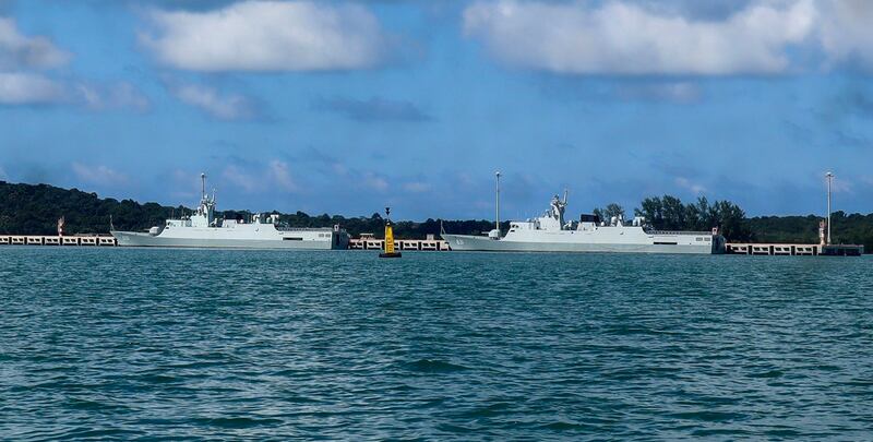 Two Chinese People’s Liberation Army Navy (PLAN) Type 056 Corvettes – 630 Aba and 631 Tianmen – are docked at the pier at the Ream naval base in Cambodia in August 2024.