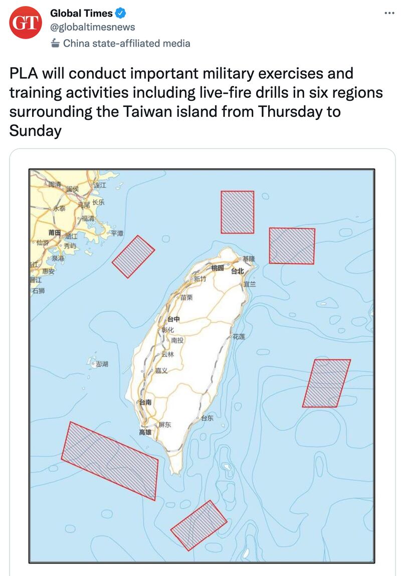 A screen shot of a The Global Times tweet announcing live-fire military drills in seas around Taiwan later this week.