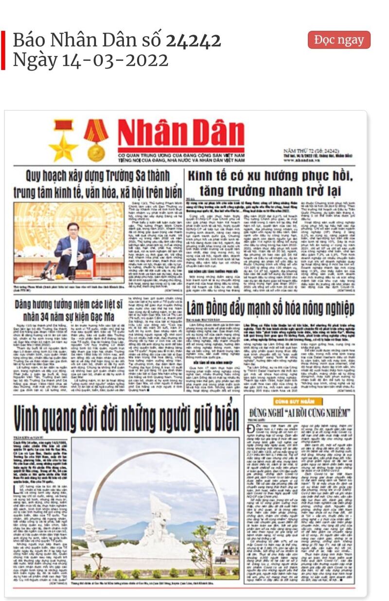 A screenshot of Nhan Dan daily's frontpage on March 14, 2022. The main article at the foot of the page is an editorial with the headline: “Eternal glory to the sea defenders.” Credit: Nhan Dan.