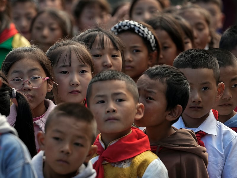 Tibetan students line up at the Shangri-La Key Boarding School in Dabpa county, Kardze Prefecture, Sichuan province, China on Sept. 5, 2023.