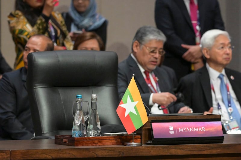 The seat reserved for the leader of Myanmar is left empty during the ASEAN-Japan Summit in Jakarta, Indonesia, Sept. 6, 2023. (Bay Ismoyo/Pool via AP)