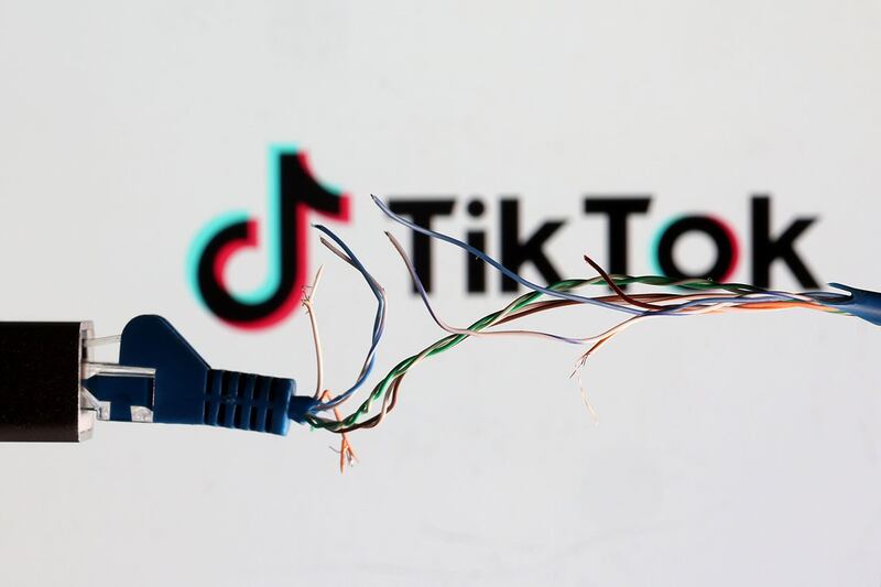 TikTok 徽标前可见的断裂以太网电缆 （路透社）