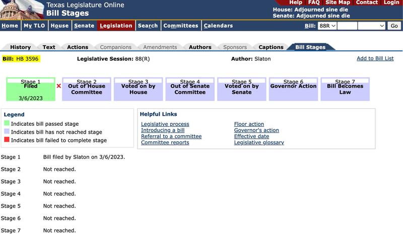 HB3596议案止步于提案阶段。 （图／截取自Texas Legislature Online）