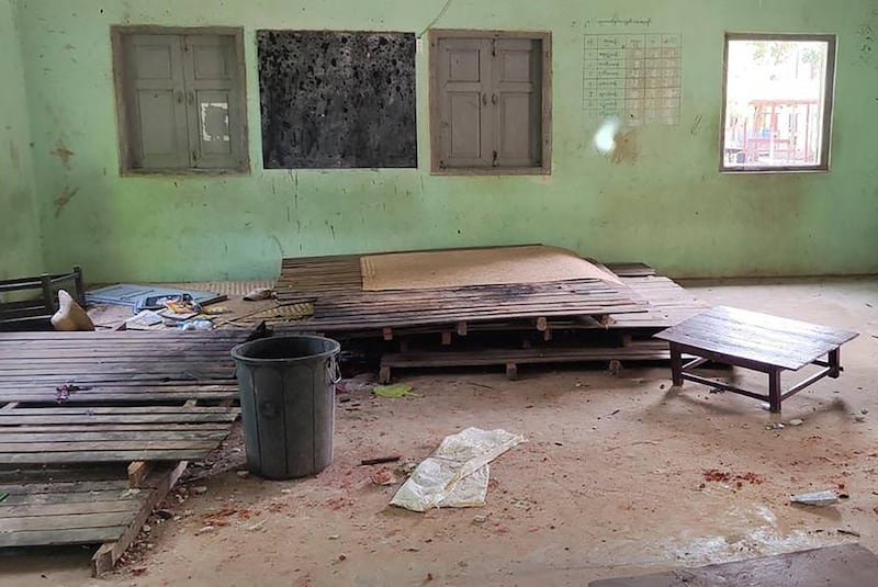 Eleven children were killed when a military helicopter attacked this school in Depayin township in Myanmar's northwest Sagaing region in Sept. 2022. Credit: Associated Press