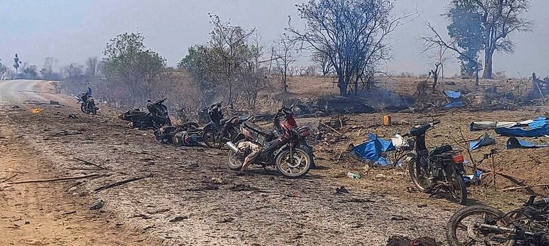 The aftermath of the airstrike on Pa Zi Gyi village in Sagaing region's Kanbalu township, Myanmar, Tuesday, April 11, 2023. Credit: Kyunhla Activists Group via AP