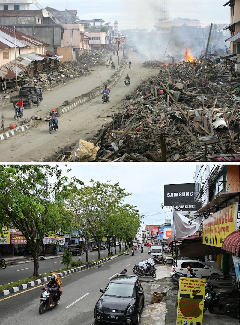 Top: Motorcyclists ride past debris and a fire in Meulaboh, Aceh province, Indonesia, in the aftermath of the Indian Ocean Tsunami, Jan. 9, 2005. Below: The same street is seen on Nov. 17, 2024.