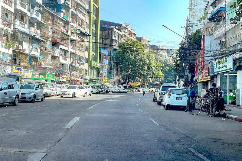 A deserted street in Myanmar's largest city, Yangon, amid a "Silent Strike" to protest the one-year anniversary of the country's military coup, Feb. 1, 2022. Credit RFA