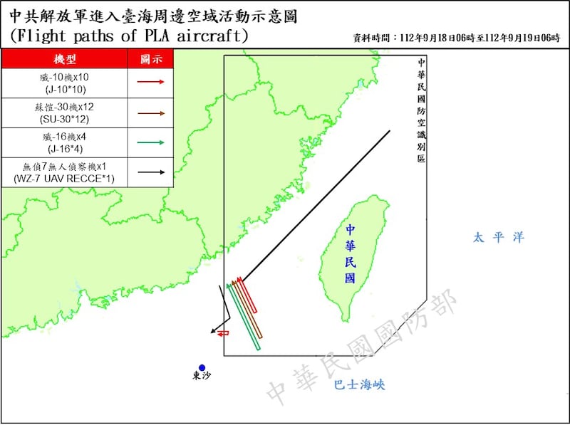 台湾的国防部发布《中共解放军进入台海周边空域活动示意图》显示，中国27架次军机进入台湾西南空域。(台湾的国防部提供)