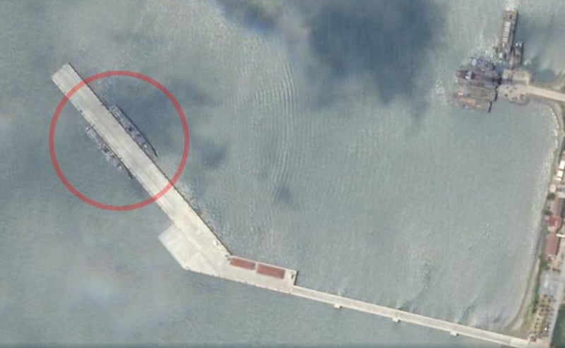 Two Chinese warships, circled, are seen at Cambodia's Ream naval base on April 18, 2024. (Planet Labs)