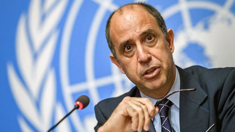 Tomas Ojea Quintana, the UN's special rapporteur on human rights in North Korea, gestures during a press conference in Geneva, Switzerland, June 7, 2018.