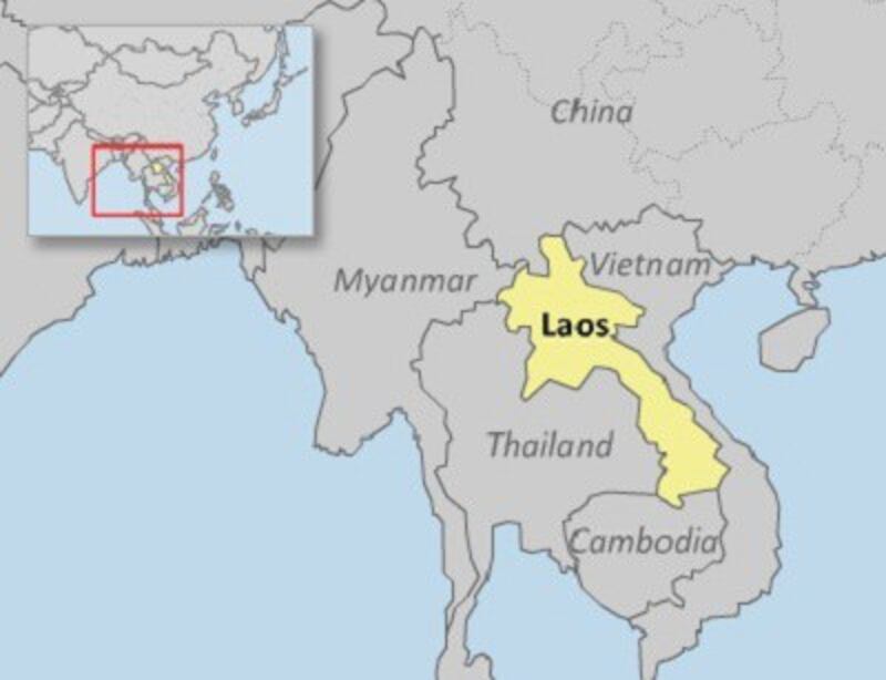 A map of Laos in Southeast Asia. 