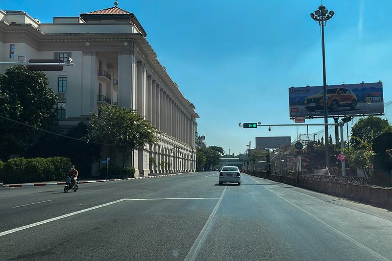 An eerily empty urban center in Myanmar on the anniversary of the military coup, Feb. 1, 2022. Citizen journalist