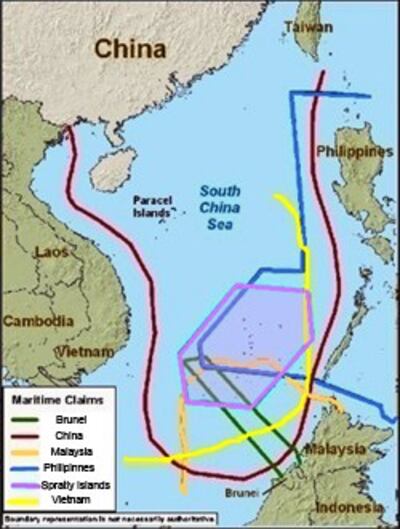 Bản đồ khu vực tranh chấp biển Đông - Trung quốc- Brunei- Malaysia- Philippines và Việt Nam. Source US -DOD map