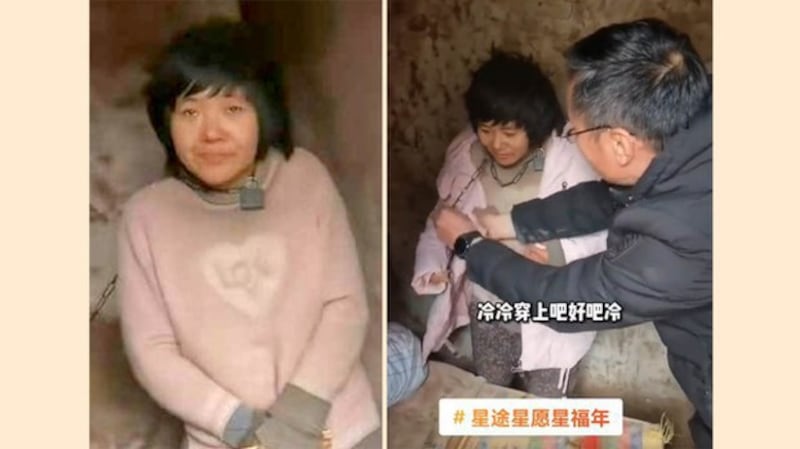 A woman identified as Yang Qingxia is shown sitting with a chain around her neck in a dilapidated hut at a rural property near Xuzhou city in the eastern province of Jiangsu , in a screenshot of a video that went viral on social media. Credit: Video on Douyin