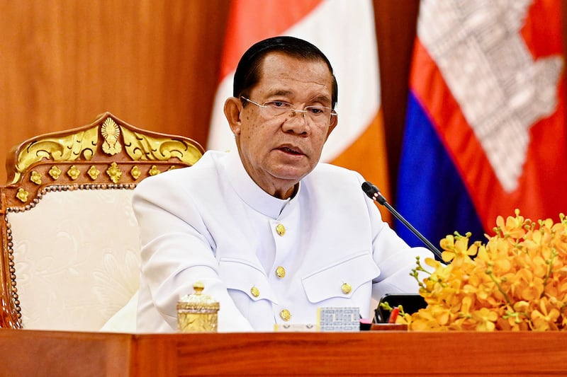 Cambodia Senate President Hun Sen speaks at a Senate meeting in Phnom Penh, April 3, 2024.