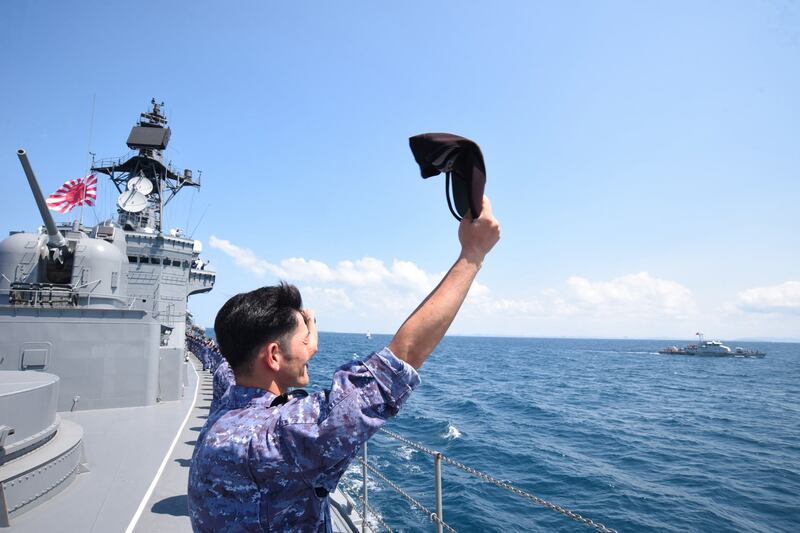 Japanese destroyer JS Suzunami and training ship JS Shimakaze conducting goodwill exercise with the Royal Cambodian Navy on Feb. 24, 2024.
Credit: Japan Maritime Self-defense Force