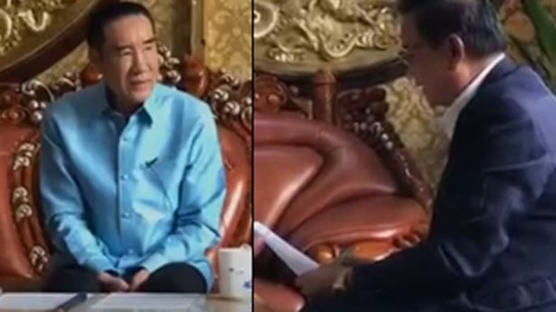 Casino operator Zhao Wei (L), a Chinese national who operates in Laos, conducts an interview with a local Lao television reporter, Feb. 4, 2018. Public domain