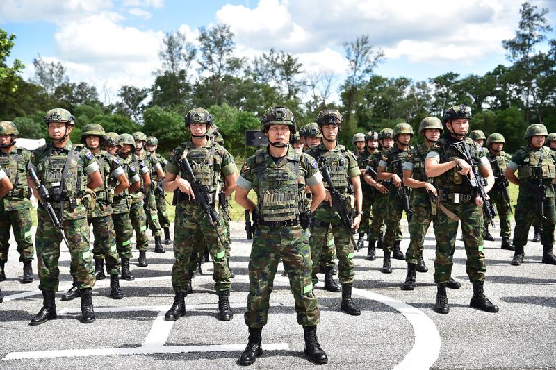 Thai soldiers stand in formation during the annual troop rotation ceremony inspection at Chulabhorn military camp in Narathiwat province in 2022. Min Aung Hlaing is said by observers to envy the Thai military. Credit: AFP