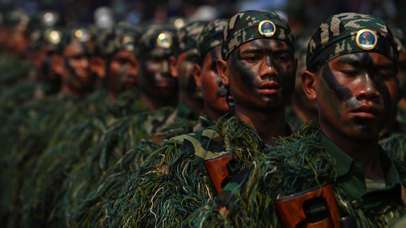 United Wa State Army (UWSA) special force snipers participate in a military parade in Pangsang, April 17, 2019.