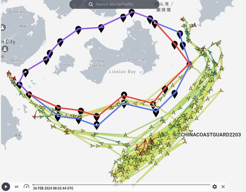 2月26日至3月6日海警2203船的航行轨迹，期间突破限制水域。