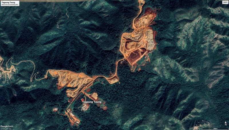 A satellite image of the location of the Tagaung Taung nickel mine and processing plant in Tigyaing township, northwestern Myanmar's Sagaing region, December 2019. (The Irrawaddy/Google Earth)