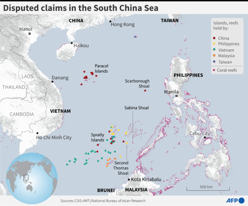 A map shows occupied or administered islands in the disputed South China Sea. [AFP]