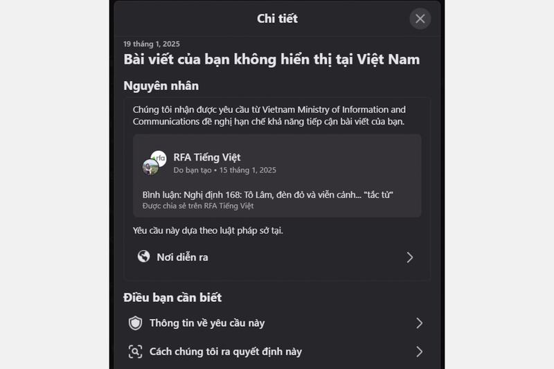 Facebook’s announcement about RFA’s post being unavailable in Vietnam, per the Vietnamese government’s request.
