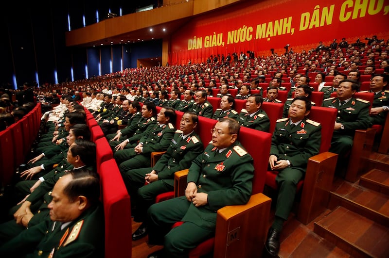 Military delegates attend the closing ceremony of the 12th National Congress of Vietnam Communist Party in Hanoi, Vietnam, Jan. 28, 2016. (Kham/Pool via AP)