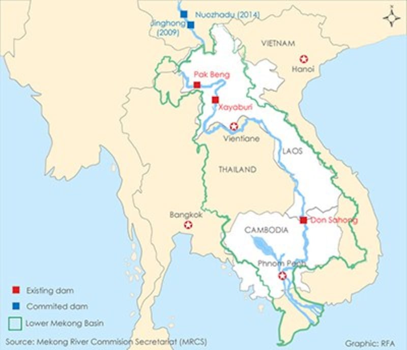 A map shows large-scale dams being developed along the Mekong River by the Lao government. Credit: RFA