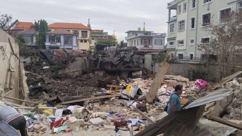 Damage is seen in Nam Hkam town in northern Shan state on Sept. 6, 2024, after an airstrike by Myanmar junta forces.