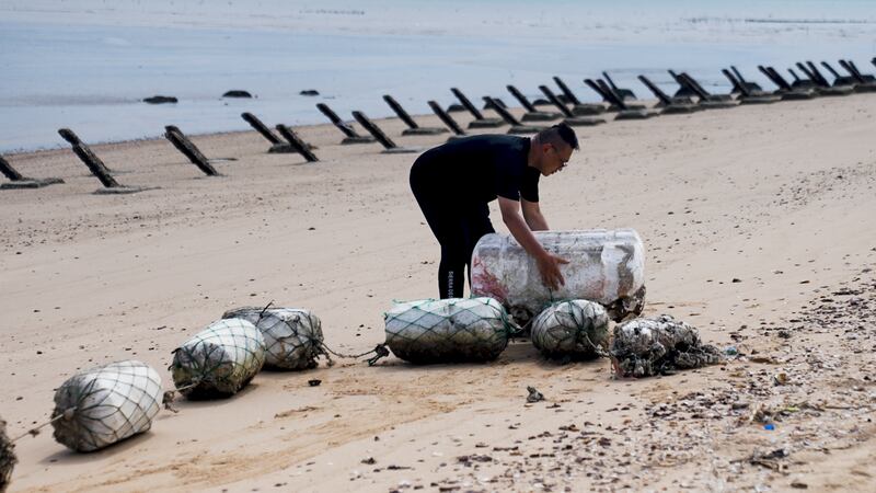 金门沙滩矗立成排的轨条砦，当年的军事海防挡不住垃圾大军抢滩上岸。