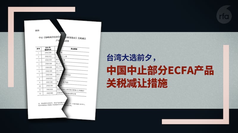 台湾大选前，中国国务院关税税则委员会21日表示，自明年1月1日起，对台湾地区的丙烯、对二甲苯等12个税目进口产品，中止适用ECFA协定税率。（中国财政部网站截图）